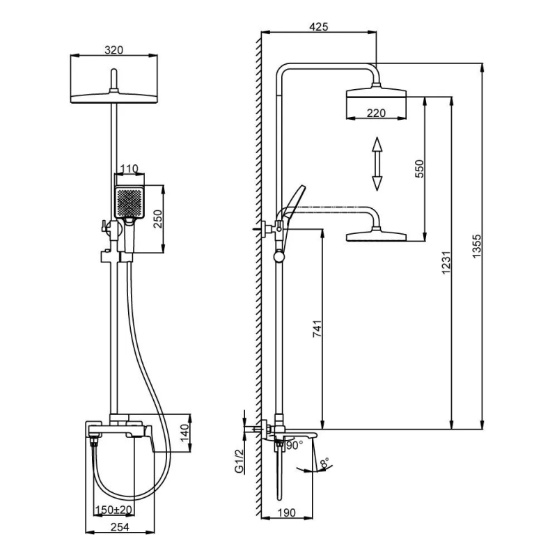 F2484  душ. система 3х функц. одноваж. поворот. вилив лат. корпус Ø35 (хром) {4/1} FRAP 1047610