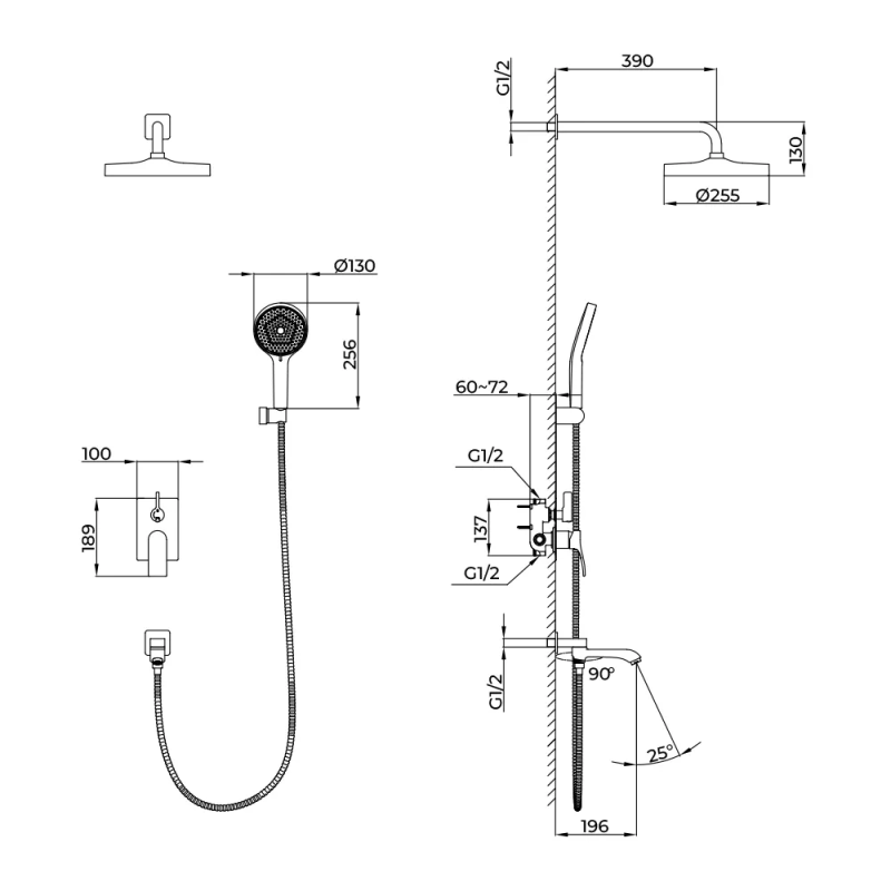 F7175 душ. система вбуд. 3х функц. одноваж. лат. Ø35 (хром) {4/1} FRAP 1055783