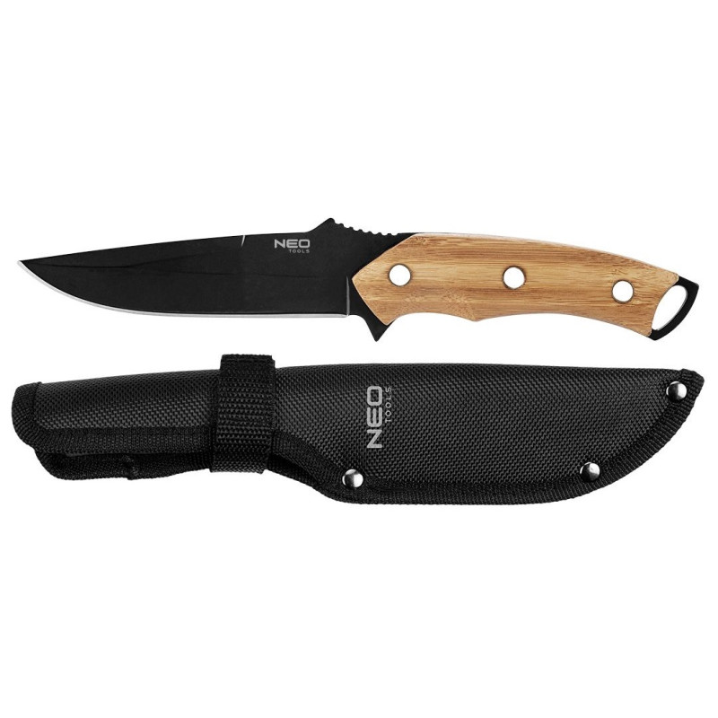 Ніж тактичний Neo Tools Full Tang, 250мм, лезо 145мм, бамбукове руків'я, титанове покриття леза, нейлоновий чохол (63-110)