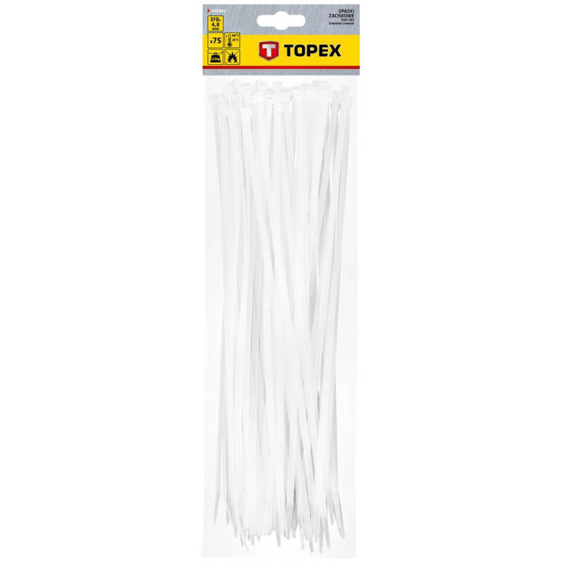 Topex Хомут-стяжка, білий, 4.8х370мм, пластик, 75шт (44E981)