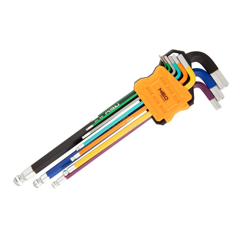 Neo Tools Ключі шестигранні, набір 9шт, кулястий наконечник, кольорові, сталь S2, 1.5-10мм (09-512)