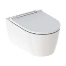 500.202.01.1 Підвісний унітаз Geberit ONE, без обідка, воронкоподібний змив TurboFlush, прих.кріплення, декор накладка хром, захисне покриття KeraTect: в комплекті з кришкою Duroplast, швидкоз'ємні петлі, SoftClose та із звукоізолюючою прокладкою