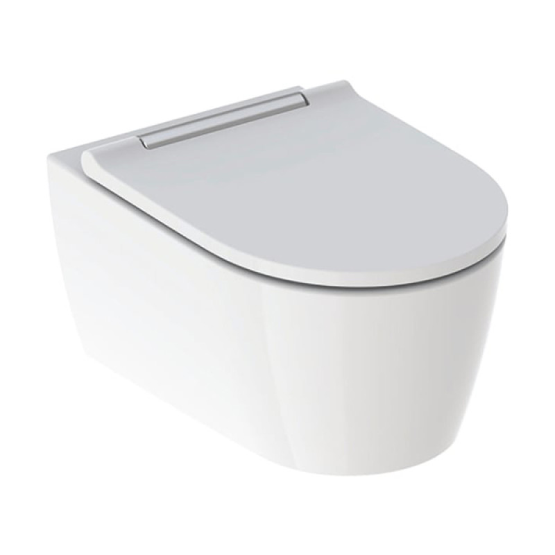 500.202.01.1 Підвісний унітаз Geberit ONE, без обідка, воронкоподібний змив TurboFlush, прих.кріплення, декор накладка хром, захисне покриття KeraTect: в комплекті з кришкою Duroplast, швидкоз'ємні петлі, SoftClose та із звукоізолюючою прокладкою