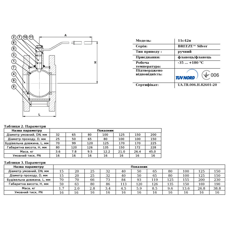 Кран фланцевий 11с42п укорочений Ду 65/50 Breeze (Ру=16, Т=-30...+180°С)