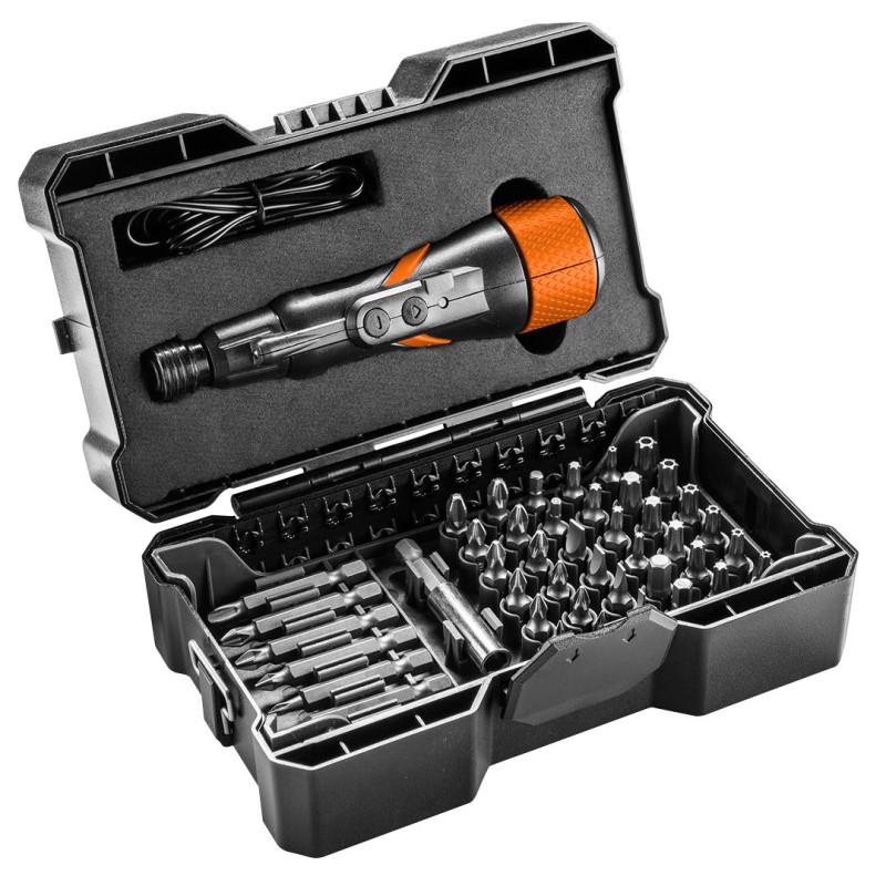 Neo Tools Викрутка, акумуляторна, micro-USB, 3.6В Li-Ion, 800мА•год, 280об•хв, 42 біт, SL,PH,PZ,Torx, кейс (04-200)