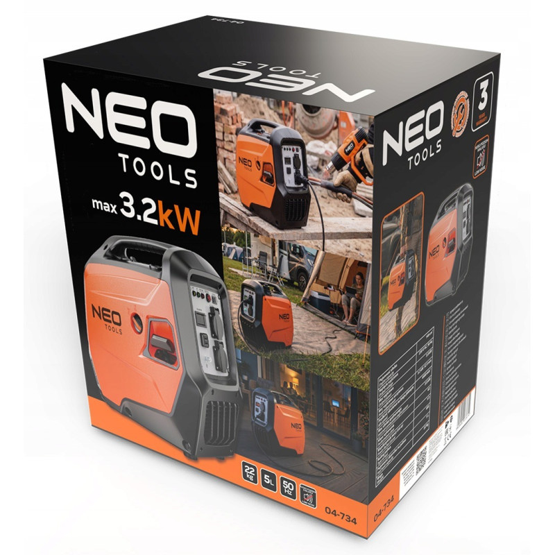 Генератор бензиновий інверторний Neo Tools 230В, 3/3.2кВт, ручний стартер, USB Type C 5, 22кг, 04-734