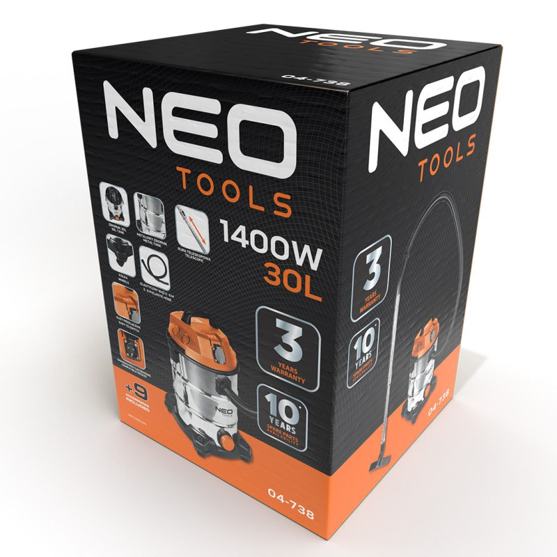 Neo Tools Профессиональный пылесос, 1400Вт, 18 кПа, контейнер 30л, HEPA, колеса, 5.92кг (04-738)