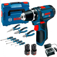 BOSCH Шурупокрут-дриль акумуляторний GSR 12V-15 2х2А·год 30Нм 400·1300об·хв 0.89кг GAL 12V-20 + набір ручного інструменту (060186810R)