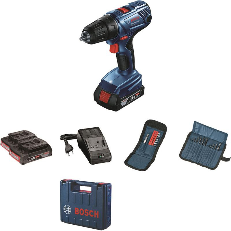 BOSCH Шурупокрут-дриль акумуляторний GSR 180 LI, 18В 2х2.0Аг, 21/54Нм, 20+1, 450/1700об/хв, набір біт 11 шт+набір свердл 12 шт, 1.6кг (06019F810A)