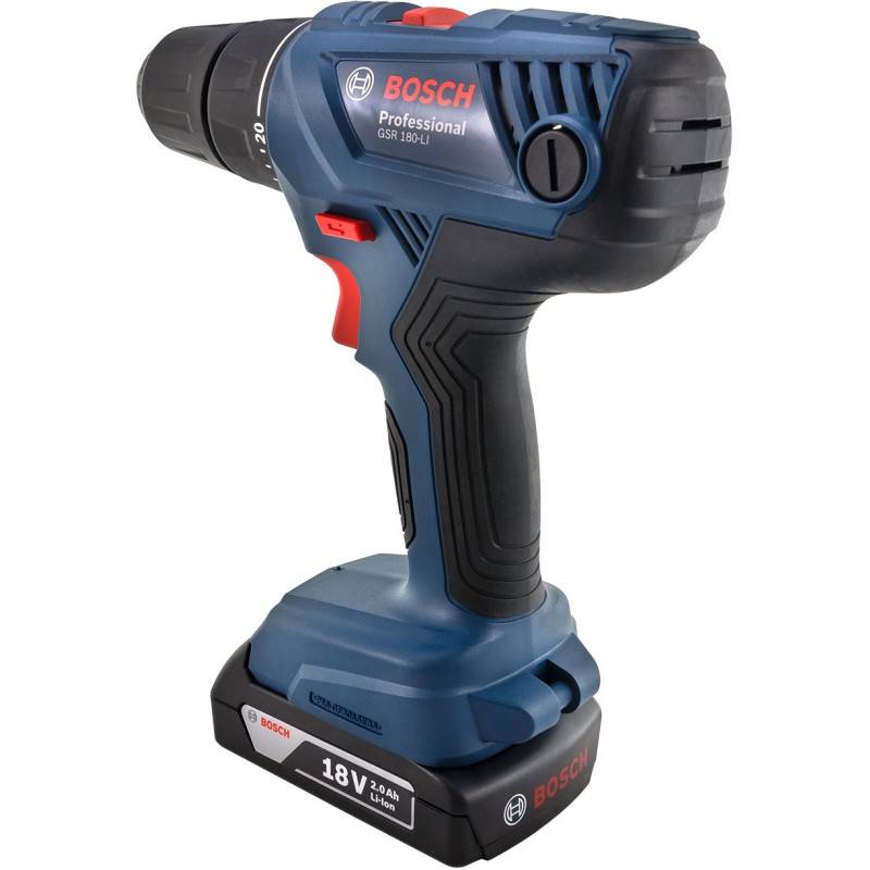 BOSCH Шурупокрут-дриль акумуляторний GSR 180 LI, 18В 2х2.0Аг, 21/54Нм, 20+1, 450/1700об/хв, набір біт 11 шт+набір свердл 12 шт, 1.6кг (06019F810A)
