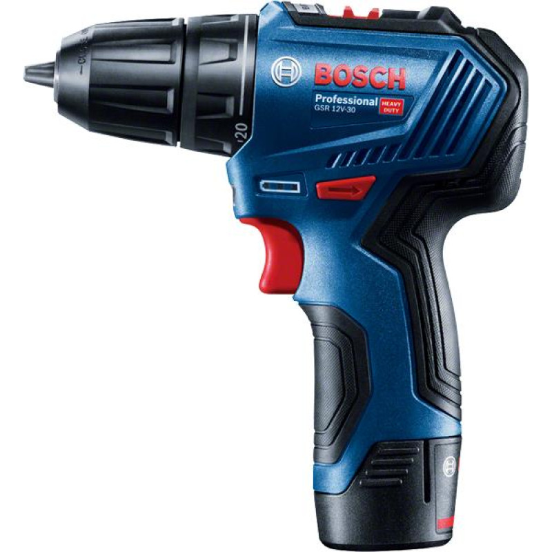 BOSCH Шурупокрут-дриль акумуляторний GSR 12V-30, 12В 2x2.0 Аг, 30Нм, 20+1, 420/1600об/хв, безщітковий, 0.78кг (06019G9000)
