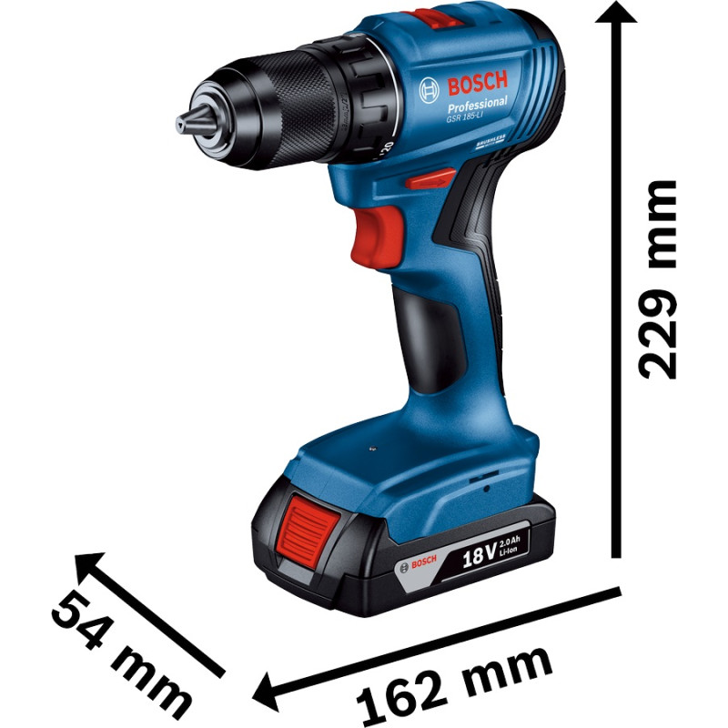 BOSCH Шурупокрут-дриль акумуляторний GSR 185-LI 18В 2х2.0А·год 50Нм 500·1900об·хв 0.9кг (06019K3000)