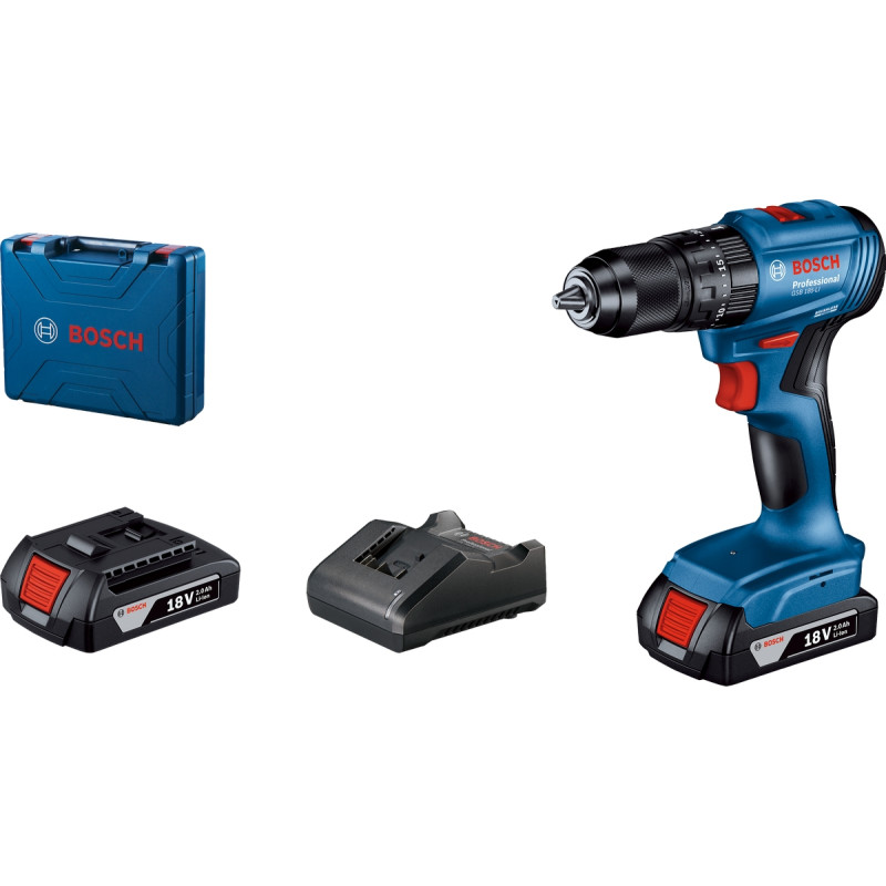 BOSCH Акумуляторний ударний дриль-шуруповерт GSB 185-LI,2 акумулятора 2.0 Ah, ЗП GAL 18V-20, кейс (06019K3100)