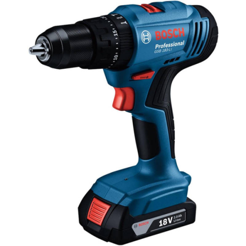 BOSCH Шурупокрут-дриль ударний акумуляторний GSB 183-LI 18В 1х2А·год 21-56Нм 374-1815об·хв кейс 1.2кг (06019K9101)