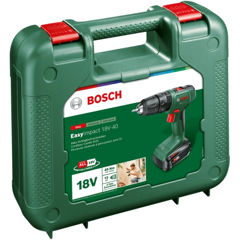BOSCH Шурупокрут-дриль акумуляторний EasyImpact 18V-40 18В 2х2А·год 20·38Нм 0-430·0-1630об·хв кейс ЗП набір з 34 предметів (АС Xline) 1.4кг (06039D8109)