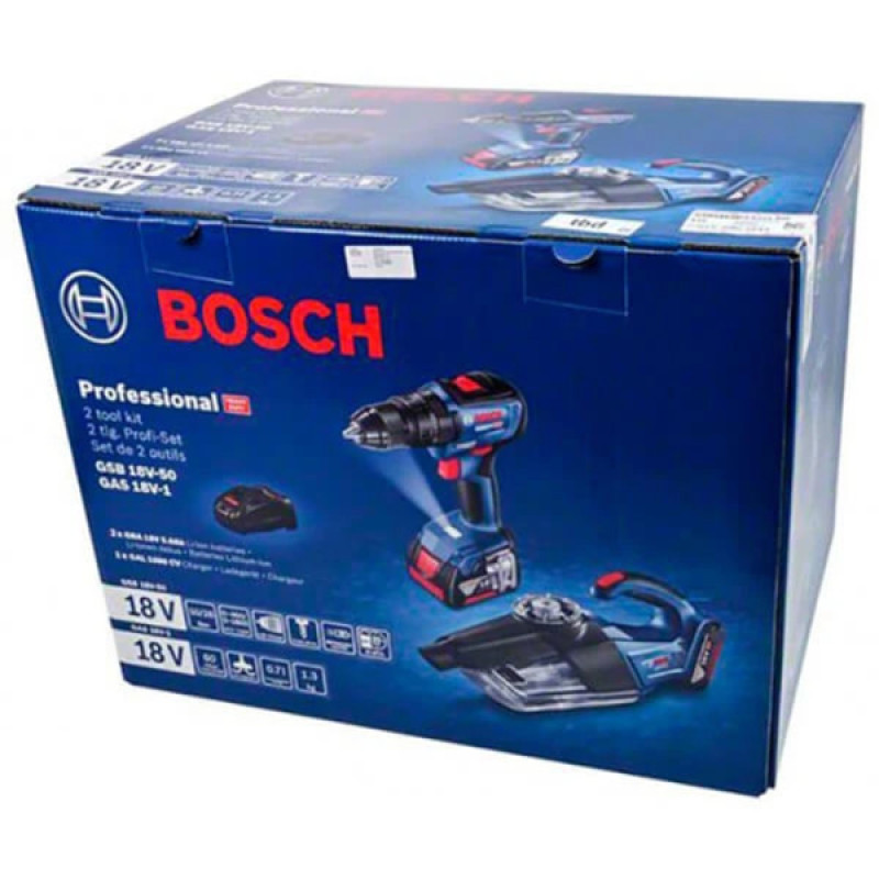 BOSCH Набір із двох акумуляторних інструментів 18В дриль-шурупокрут GSR 18V-50 пилосмок GAS 18V-1 швидкий зарядний пристрій GAL 1880 CV акб 2х5А·год кейс L-BOXX (0615990M44)