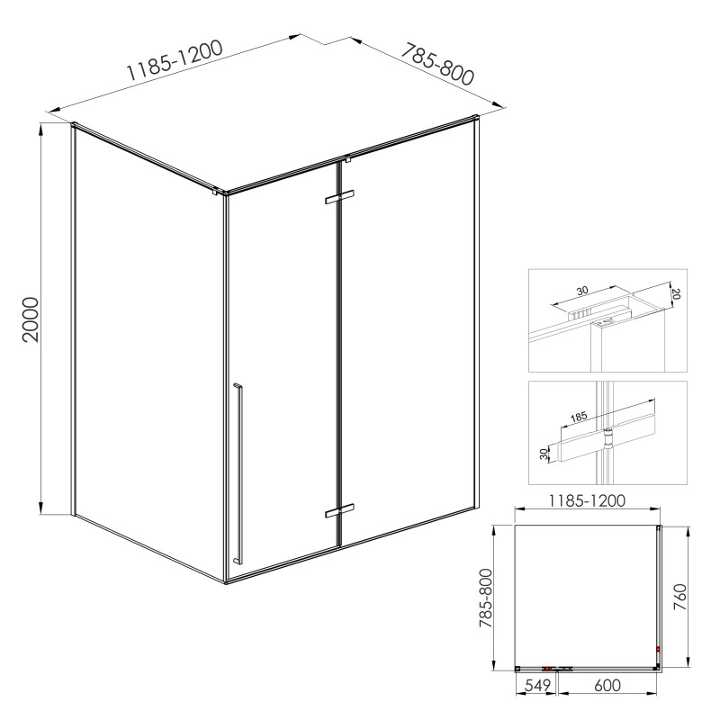 SOTA 120-C душова кабіна 120*80*200см прямокутна, реверсивна, розстібна, профіль чорний мат, скло прозоре