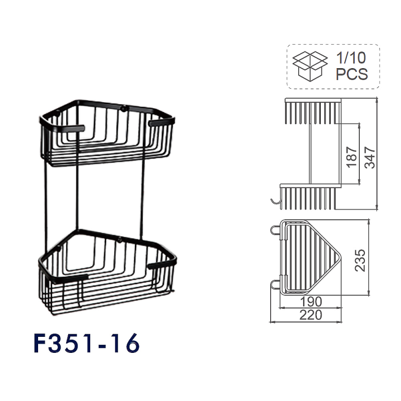 Frap Полиця кутова F351-16, двоярусна з гачками, нержавіюча сталь, чорний