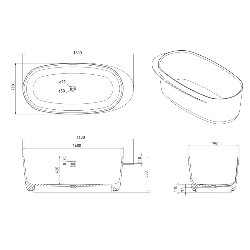 VOLLE Ванна окремостояча кам'яна Solid surface 1630 * 750 * 530мм з поличкою, (12-40-054)