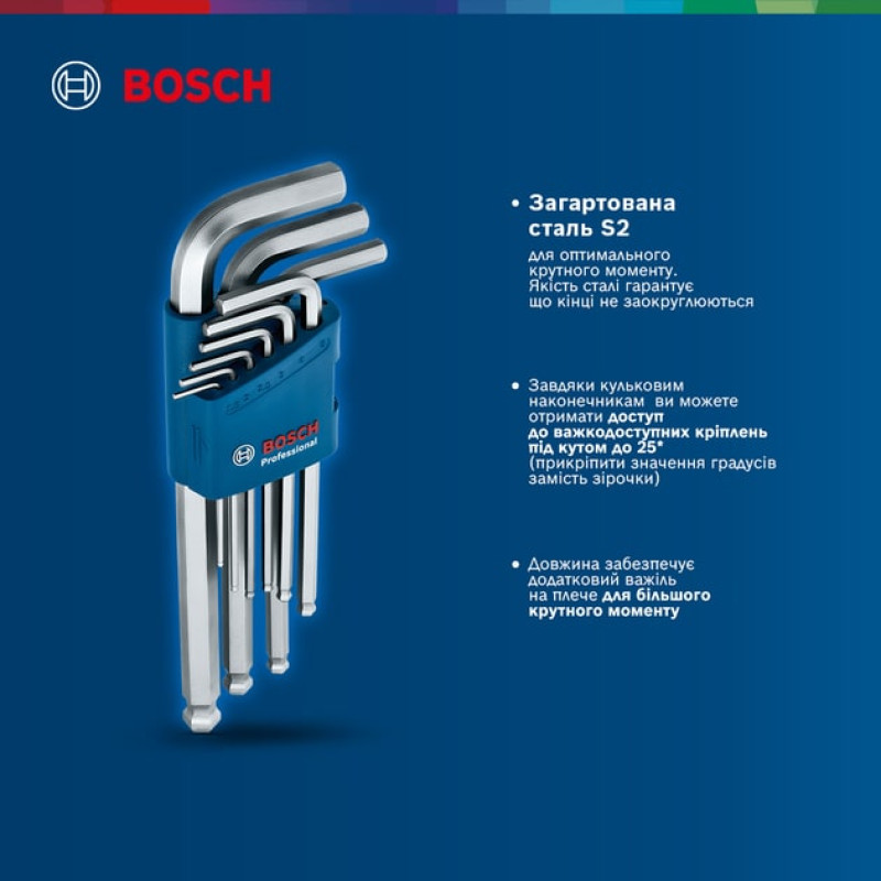BOSCH Ключі шестигранні , набір 9шт, кулястий наконечник (1600A01TH5)