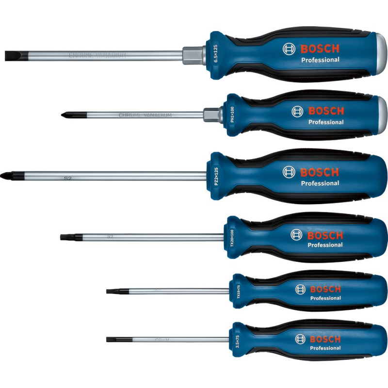 BOSCH Викрутка набір 6шт, SL 3.5, 6.5 мм, Т15х75мм, Т20х100мм, PH1x100мм, PZ2x125 мм (1600A02CV3)