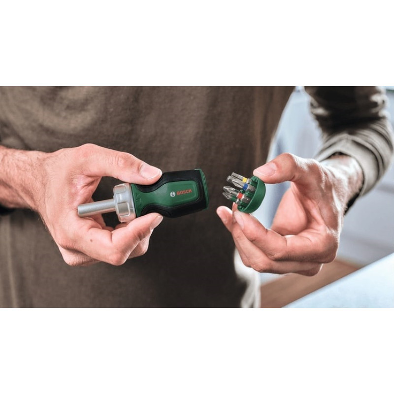 BOSCH Викрутка з тріскачкою, 6 насадок, руків'я TPR (PZ1,PZ2,PH2,SL4,TX25,HEX5), 111мм, сталь CrV (1600A032UZ)