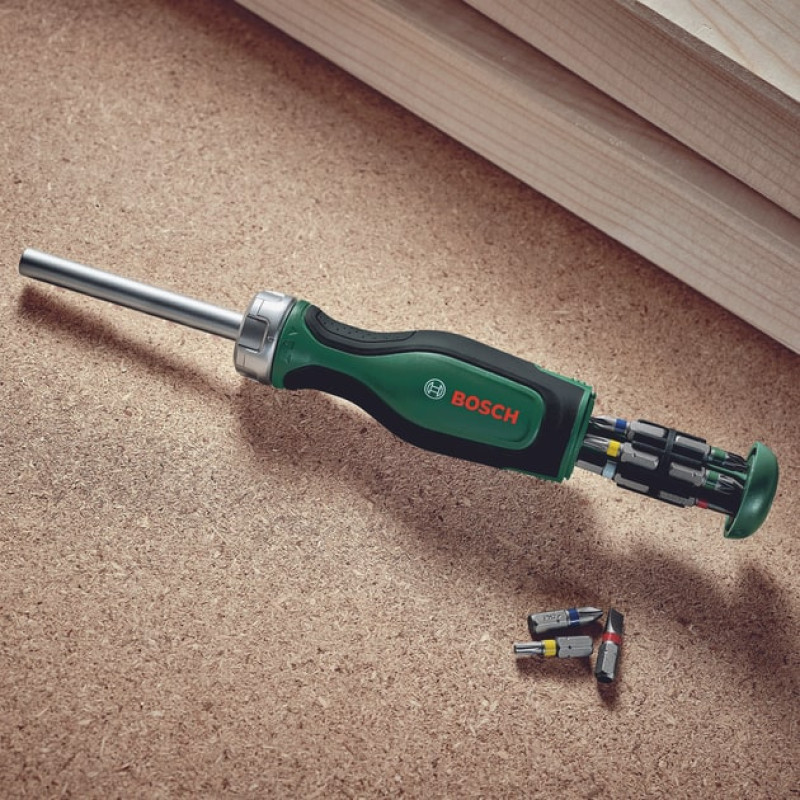 BOSCH Викрутка з тріскачкою, 12 насадок, руків'я PC+ABS+TPR , 207мм, сталь CrV (1600A032V0)