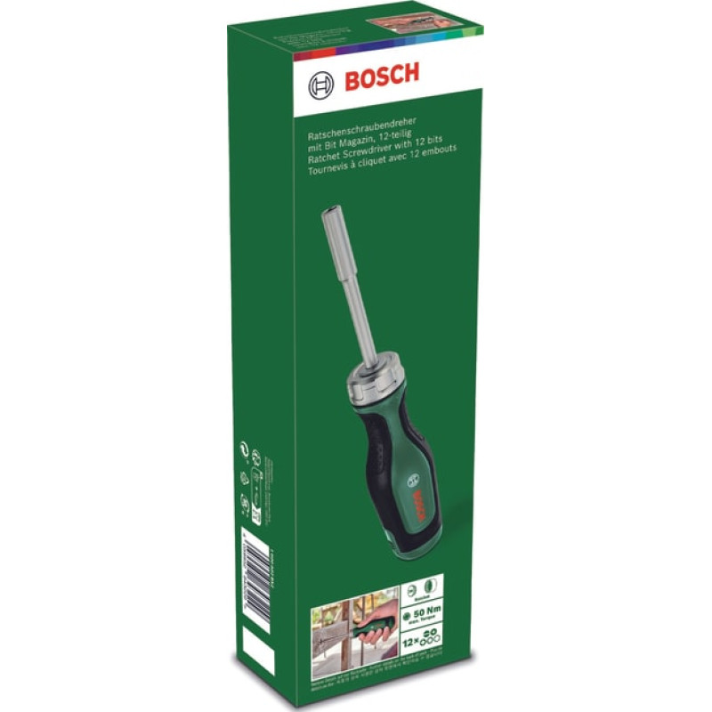 BOSCH Викрутка з тріскачкою, 12 насадок, руків'я PC+ABS+TPR , 207мм, сталь CrV (1600A032V0)