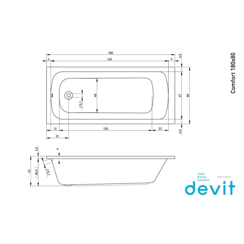Devit 18080123 COMFORT Ванна 180х80, з ніжками 207093