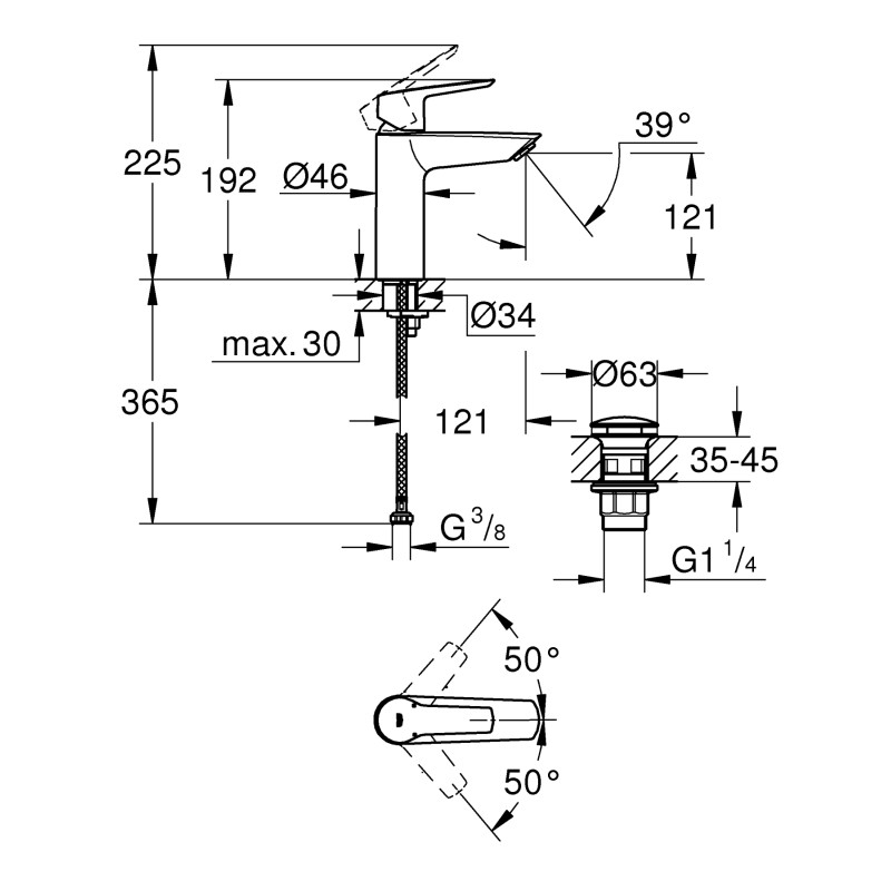 Grohe QuickFix Start Одноважільний змішувач для раковини M-Size + нажимний донний клапан (235752432)