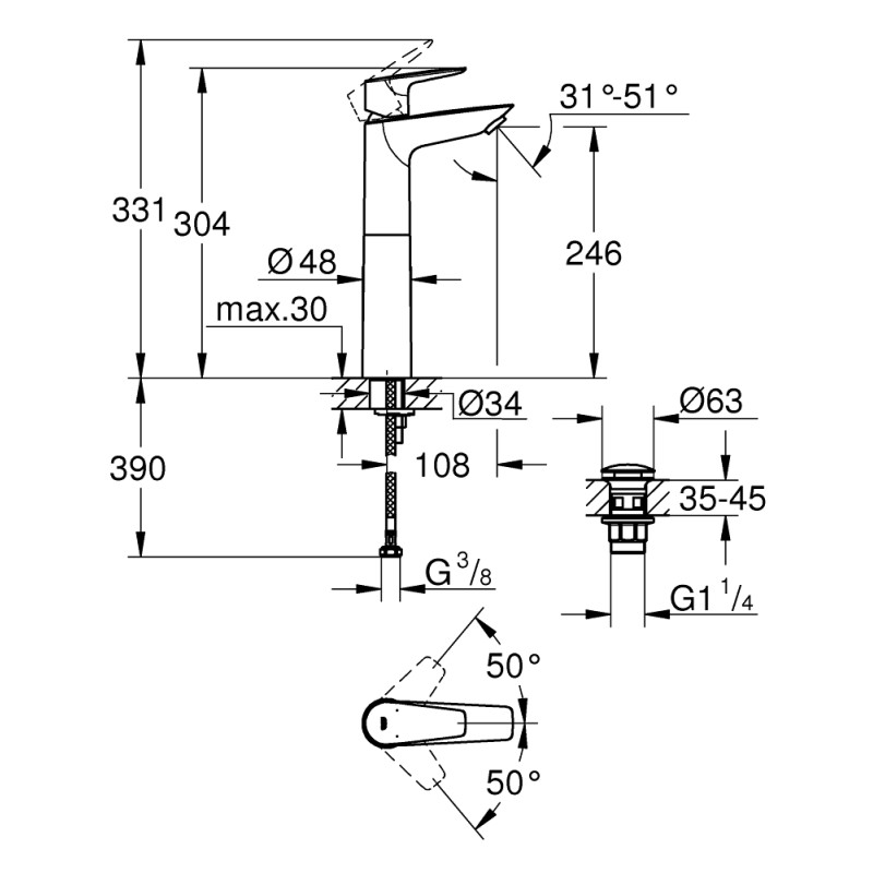 Grohe QuickFix StartEdge Одноважільний змішувач для раковини XL-Size (23777001)