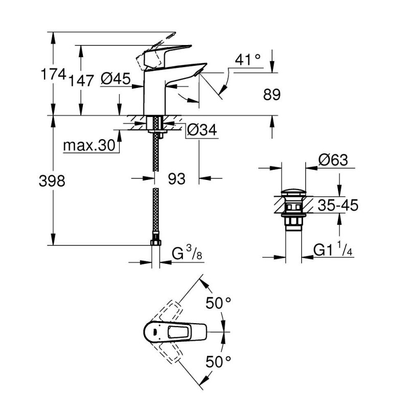 Grohe BAULOOP змішувач для умивальника, одноважільний,S-size, Push Open, хром, (23878001)