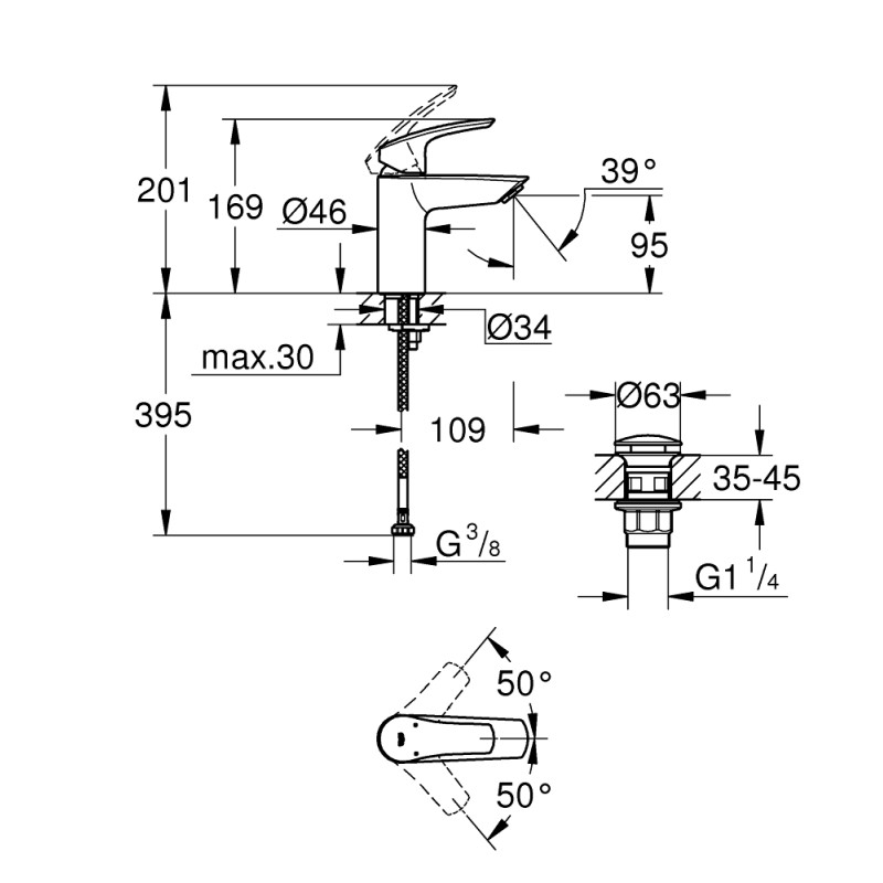 Grohe EUROSMART змішувач для умивальника, одноважільний, S, Click,чорний матовий, (239222433)