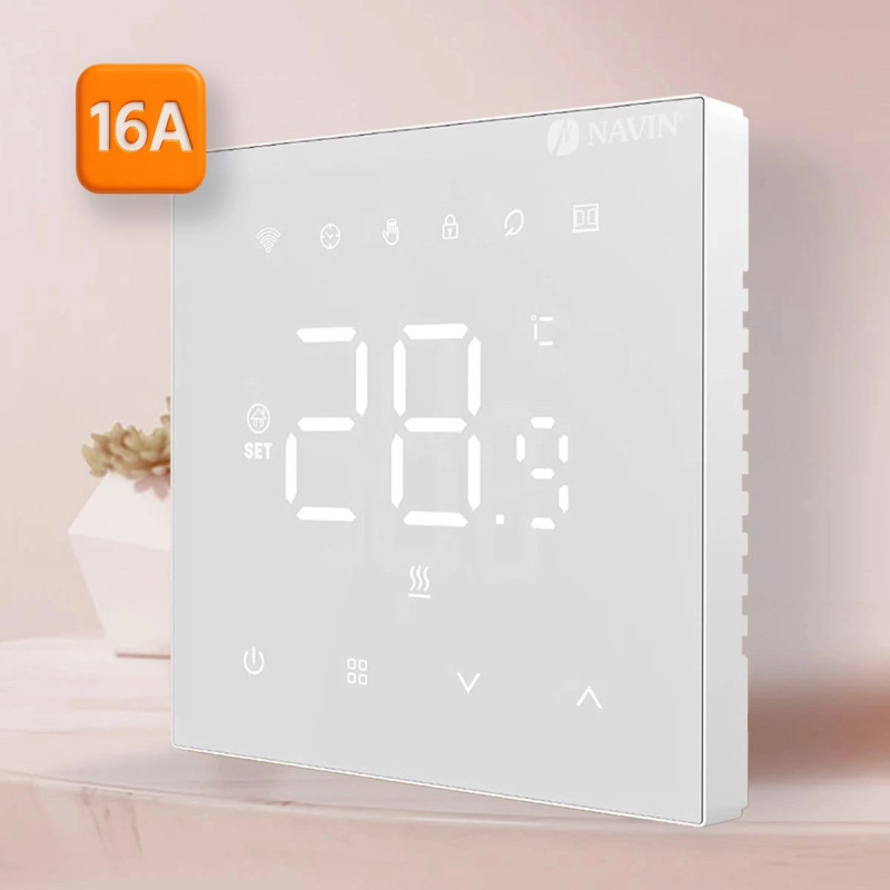 Терморегулятор Navin WT410W-16A 5...35 °C для теплої підлоги електронний Wi-Fi Tuya, Smart Life вбудований дротовий датчик 16A 230В білий (24-160273-8686)