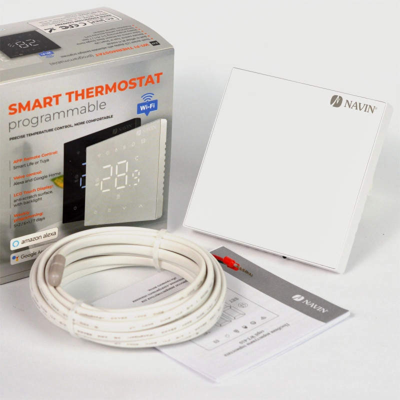 Терморегулятор Navin WT410W-16A 5...35 °C для теплої підлоги електронний Wi-Fi Tuya, Smart Life вбудований дротовий датчик 16A 230В білий (24-160273-8686)