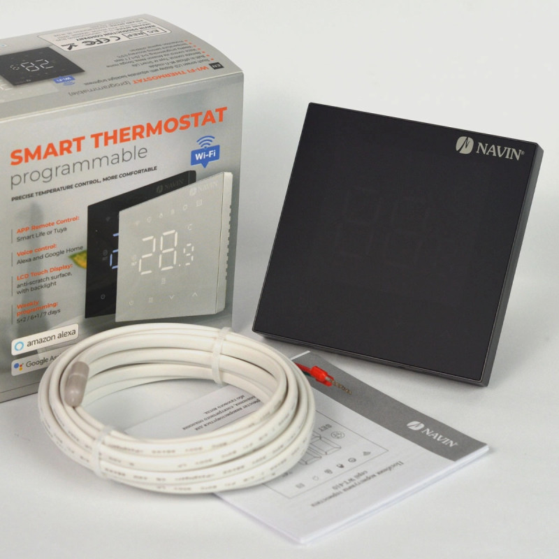 Терморегулятор Navin WT410B-16А 5...35 °C для теплої підлоги електронний Wi-Fi Tuya, Smart Life вбудований дротовий датчик 16A 230В чорний (24-260273-8686)