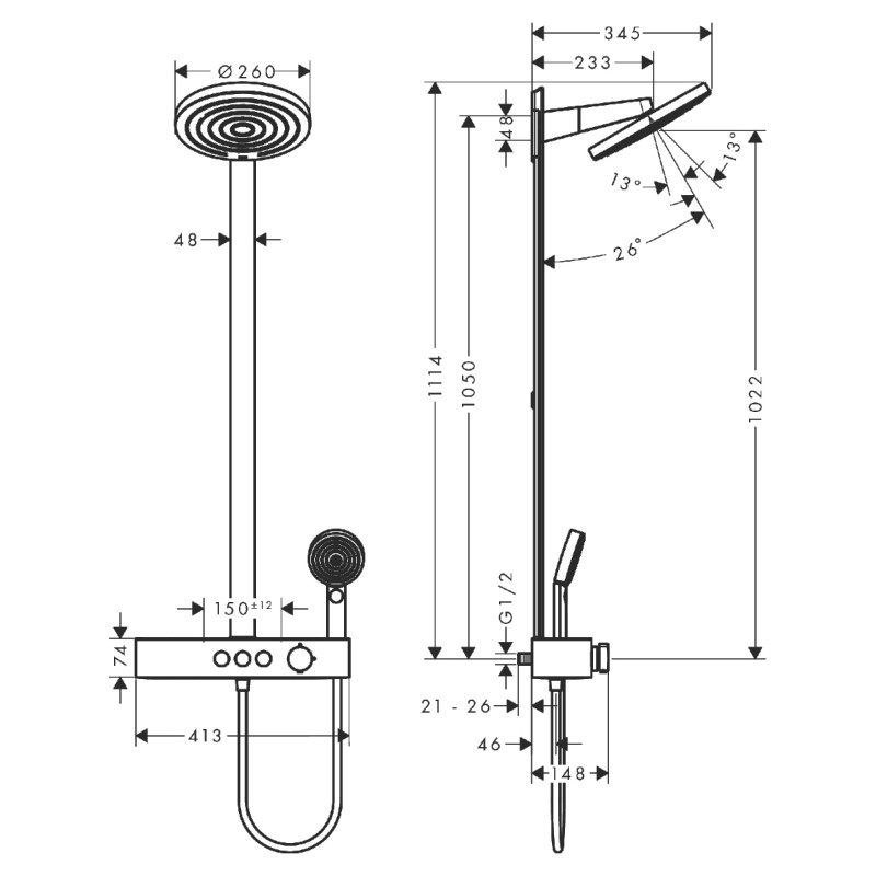 Hansgrohe PULSIFY душевая система Showerpipe 260 2jet EcoSmart, с термостатом, хром, (24241000)