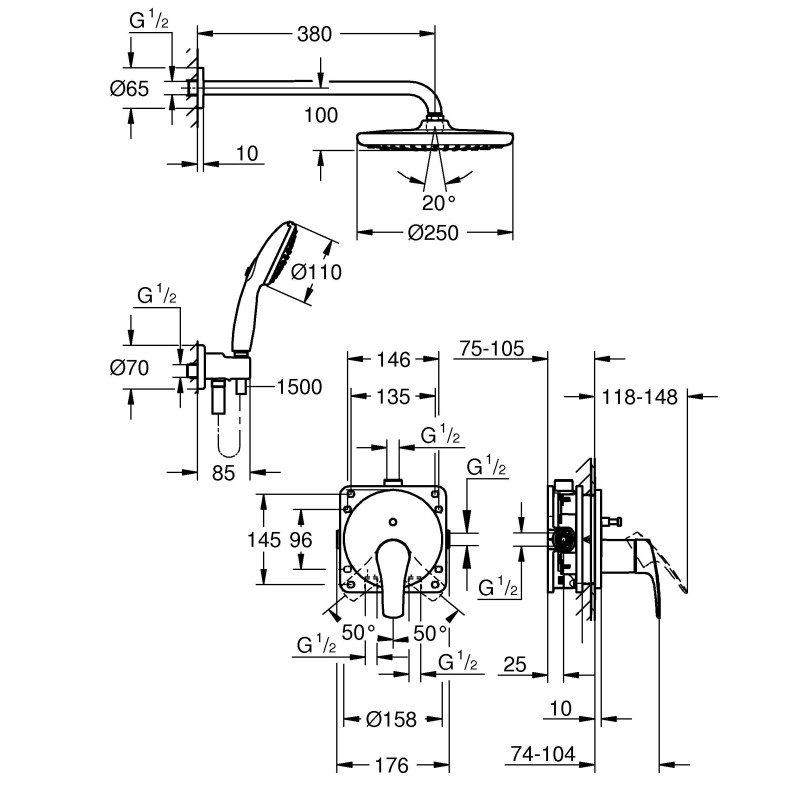 Grohe 25288000 Eurosmart OHM Душова система на 2 виходи,кругла, 250 rosmart OHM Душова система на 2 виходи,кругла, 250 (25288000)
