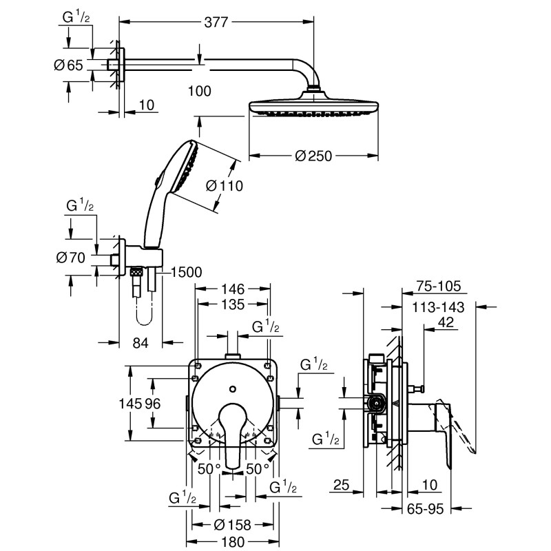 Grohe QuickFix Start Душова система прихованого монтажу з Vitalio Start 250 (25292000)