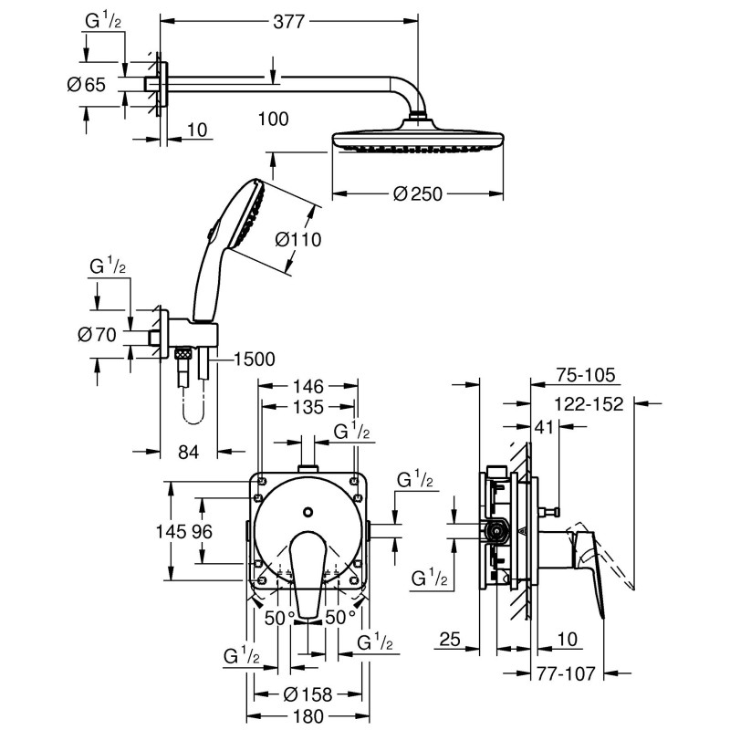 Grohe QuickFix Start Edge Душова система прихованого монтажу з Vitalio Start 250 (25293000)