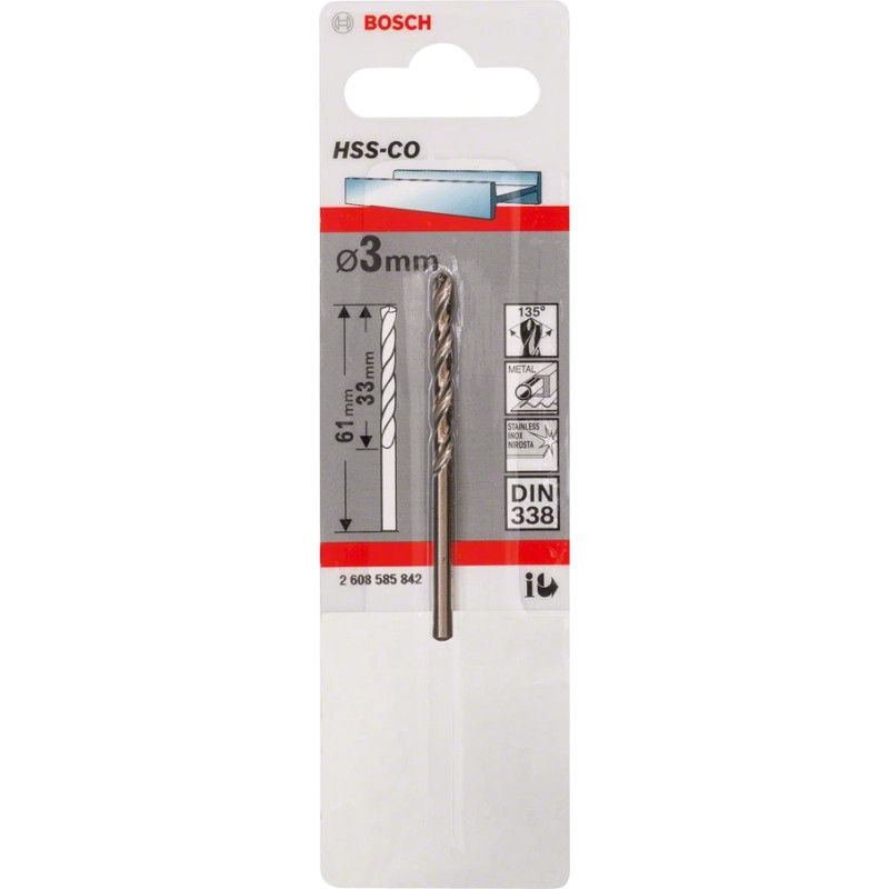 BOSCH Свердло по металу HSS-Co, DIN 338, 3х33мм, 1шт (2608585842)