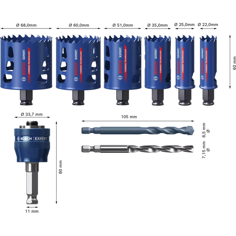 BOSCH Коронки для роботи з міцними матеріалами Tough Material, 22-68мм, 9 шт (2608900445)