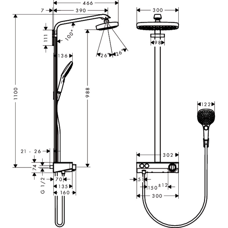 Hansgrohe Raindance Select E Air 2jet 300 мм Showerpipe Душова система з термостатом ShowerTablet 300, (27126000)