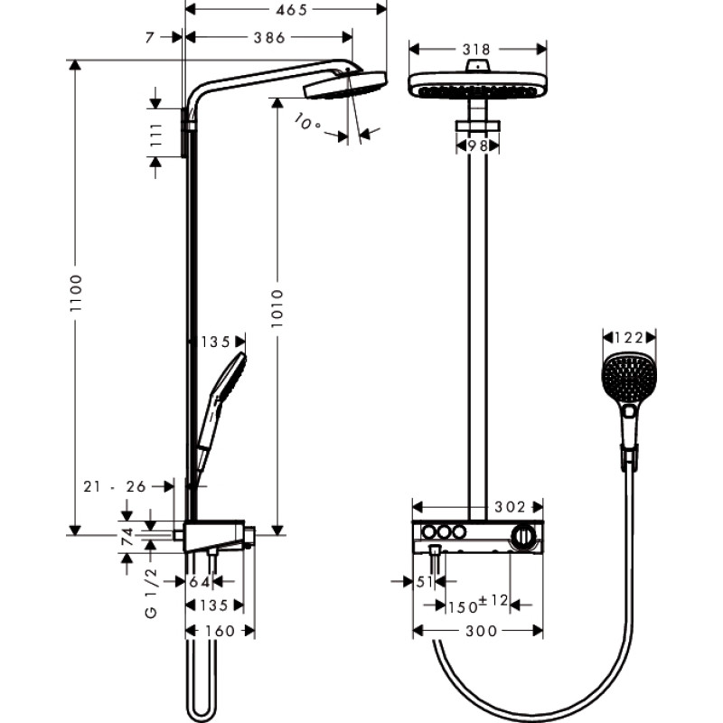 Hansgrohe Raindance Select E 300 Showerpipe Душовий система з термостатом ,білий хром, (27127400)