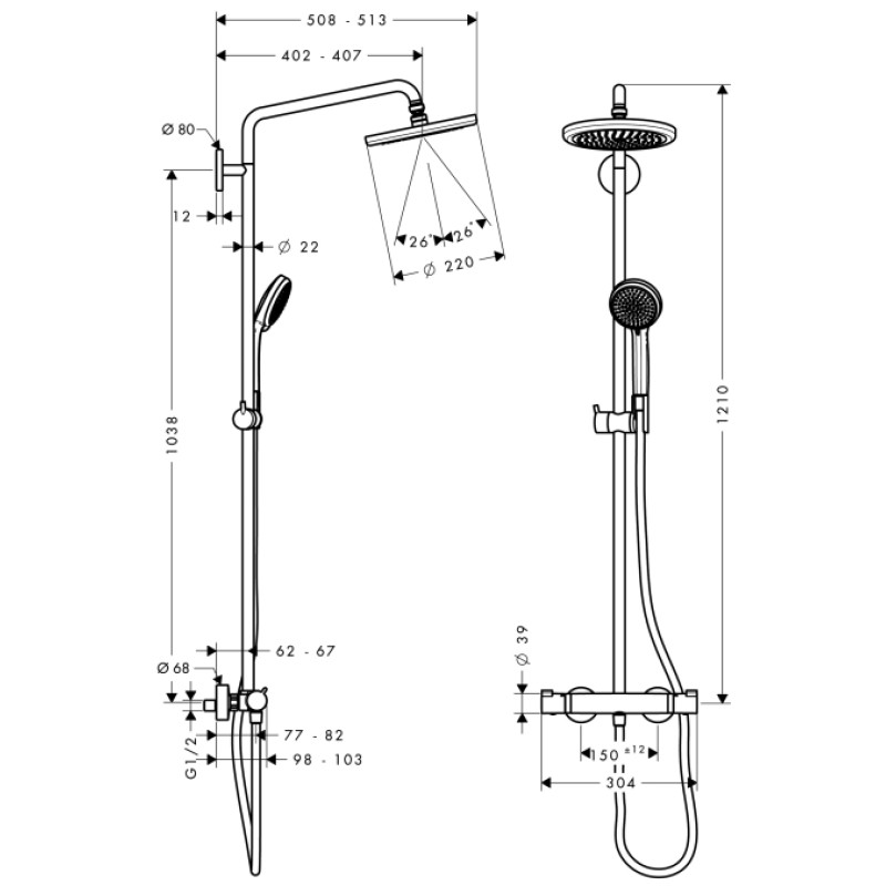 Hansgrohe Душова система Croma Air 220 1jet Showerpipe EcoSmart (27188000)