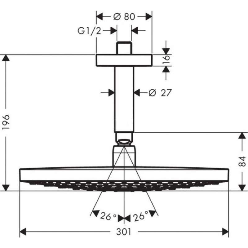 Hansgrohe Raindance Select S 300 2jet Верхній душ с кронштейном зі стелі, ½’, білий/хром, (27337400)