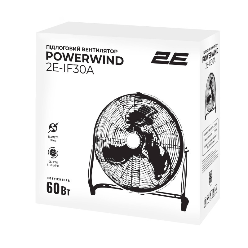 Вентилятор підлоговий 2E PowerWind 30A професійний, 30см, 60Вт, кнопки, двигун алюміній 100%, чорний (2E-IF30A)