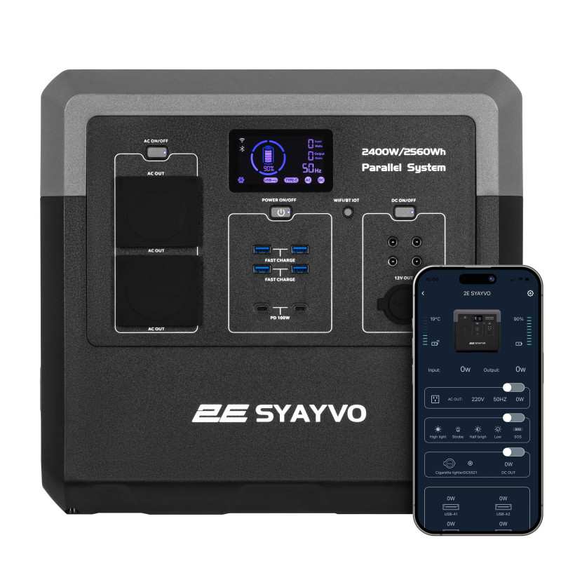 Портативна електростанція 2Е Syayvo 2400 Вт, 2560 Вт/год, WiFi/BT, паралельне підключення, швидка зарядка (2E-PPS24256)