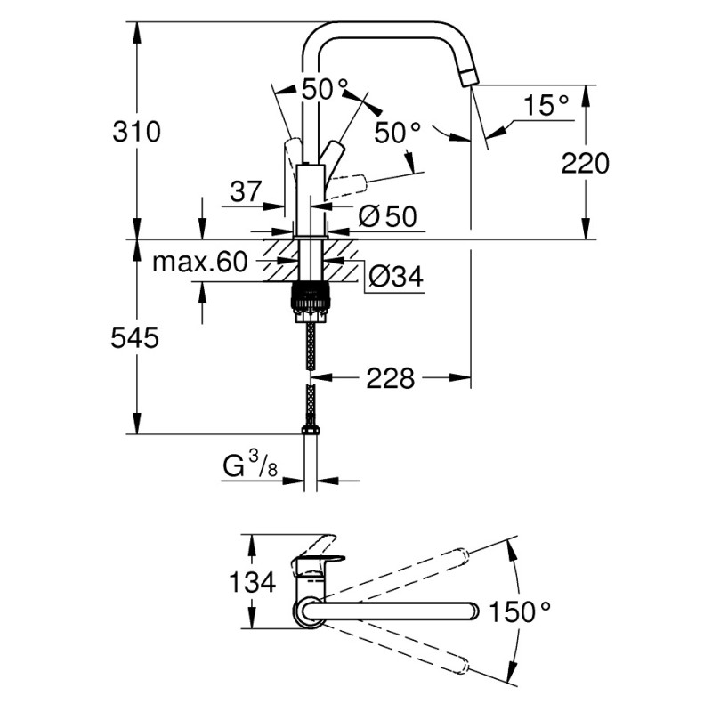 Grohe 30567DC0 Eurosmart Змішувач для кухні, U-вилив, матовий суперсталь rosmart (30567DC0)