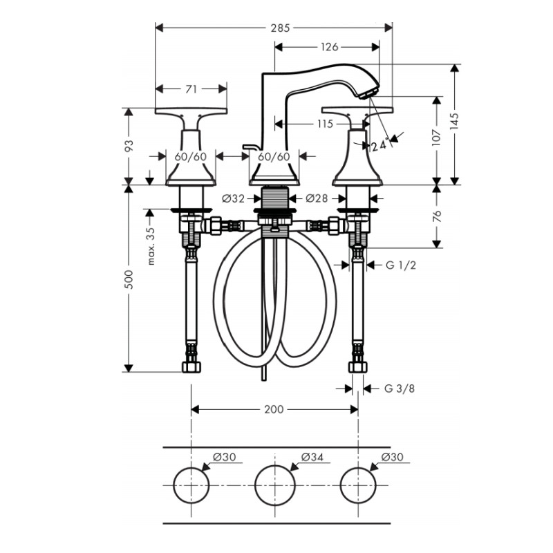Hansgrohe Змішувач для умивальника двовентильний Metropol Classic (31306090)